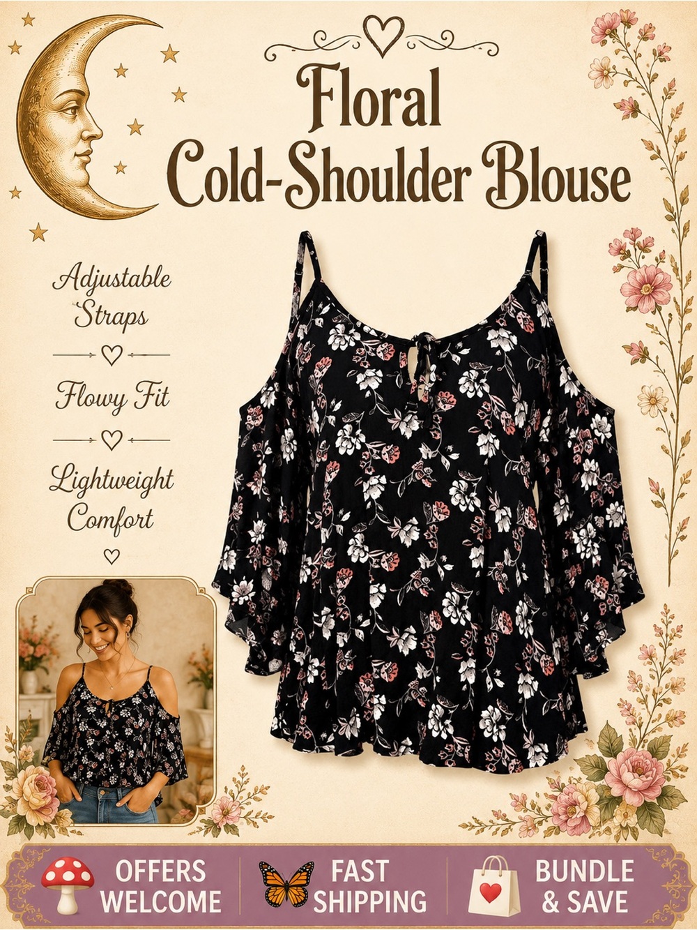 Hollister Floral Cold‑Shoulder Blouse Adjustable Straps Flowy Fit